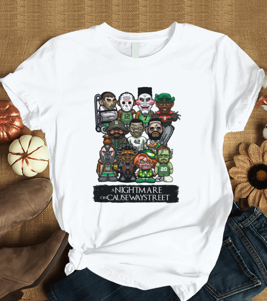 A Nightmare on Causeway Street with Horror Characters and Sports Themes T-Shirt