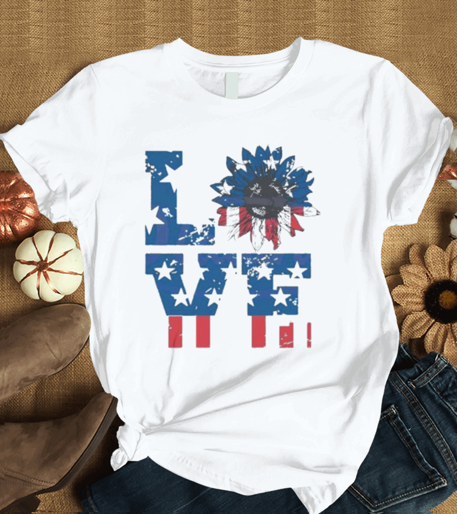 USA Love Sunflower 4th of July American Flag T-Shirt