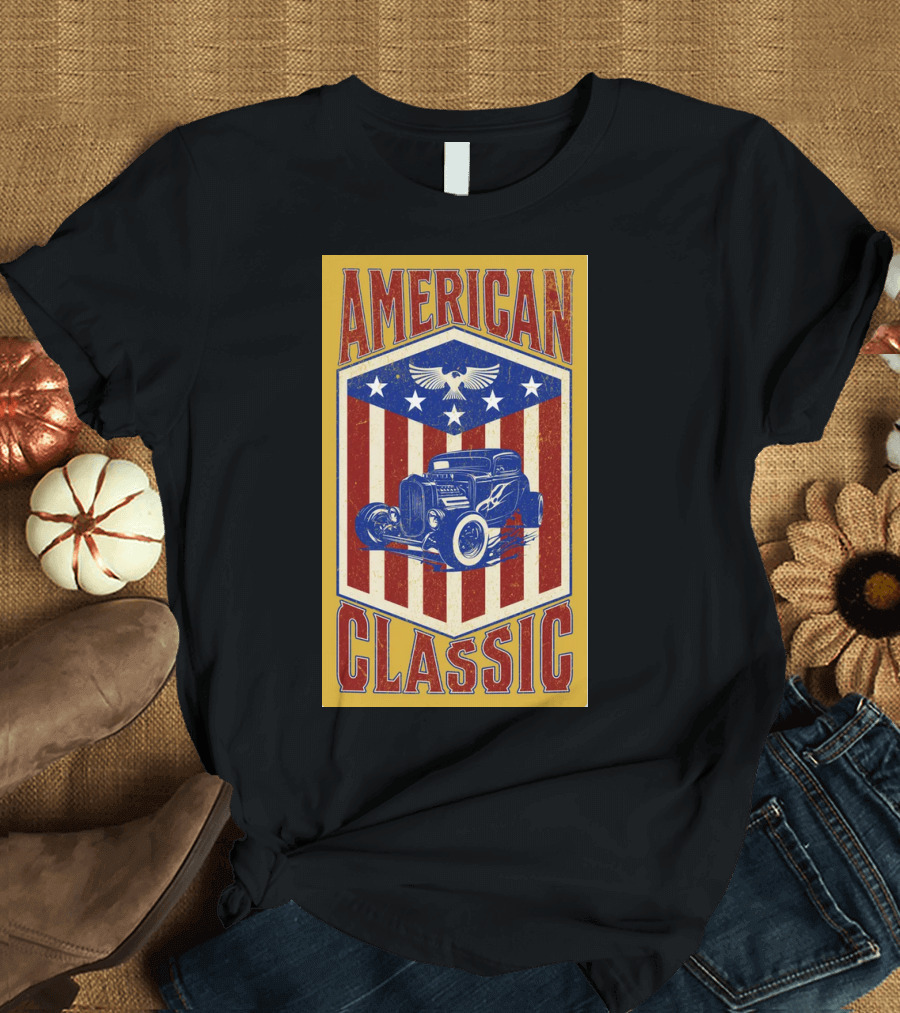 AMERICAN CLASSIC Hot Rod Eagle Stripes Stars Vintage Retro T-Shirt