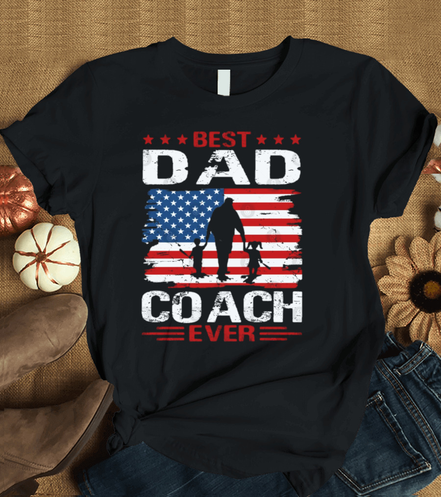 Best Dad Coach Ever USA Flag Baseball Dad Father's Day T-Shirt