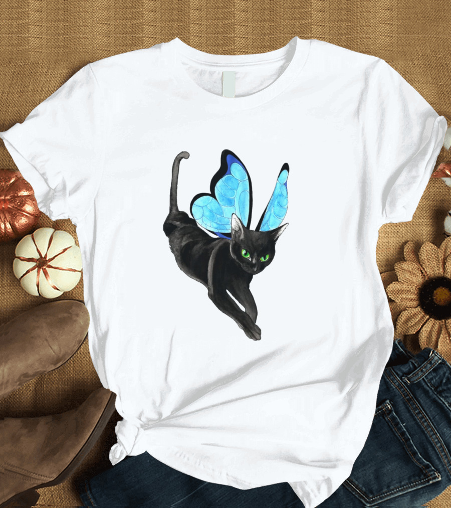 Black Cat with Blue Butterfly Wings T-Shirt
