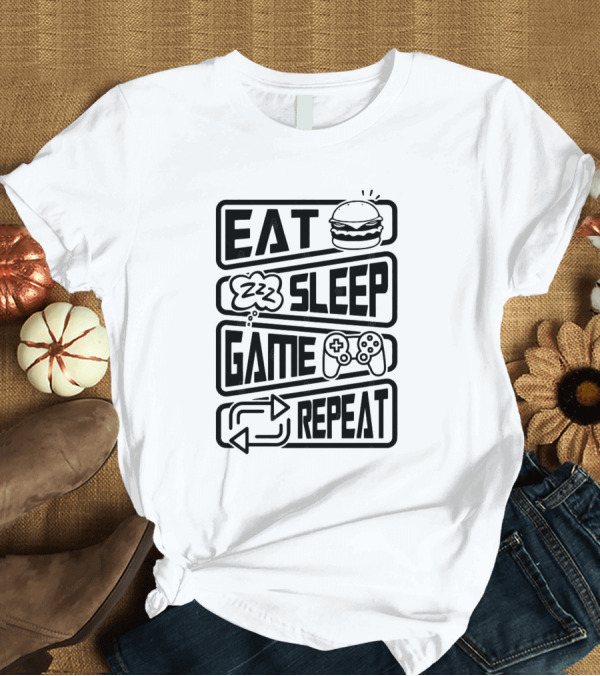T-Shirt: Eat Sleep Game Repeat Burger Controller Icons T-Shirt Eat Sleep Game Repeat Burger Controller Icons T-Shirt