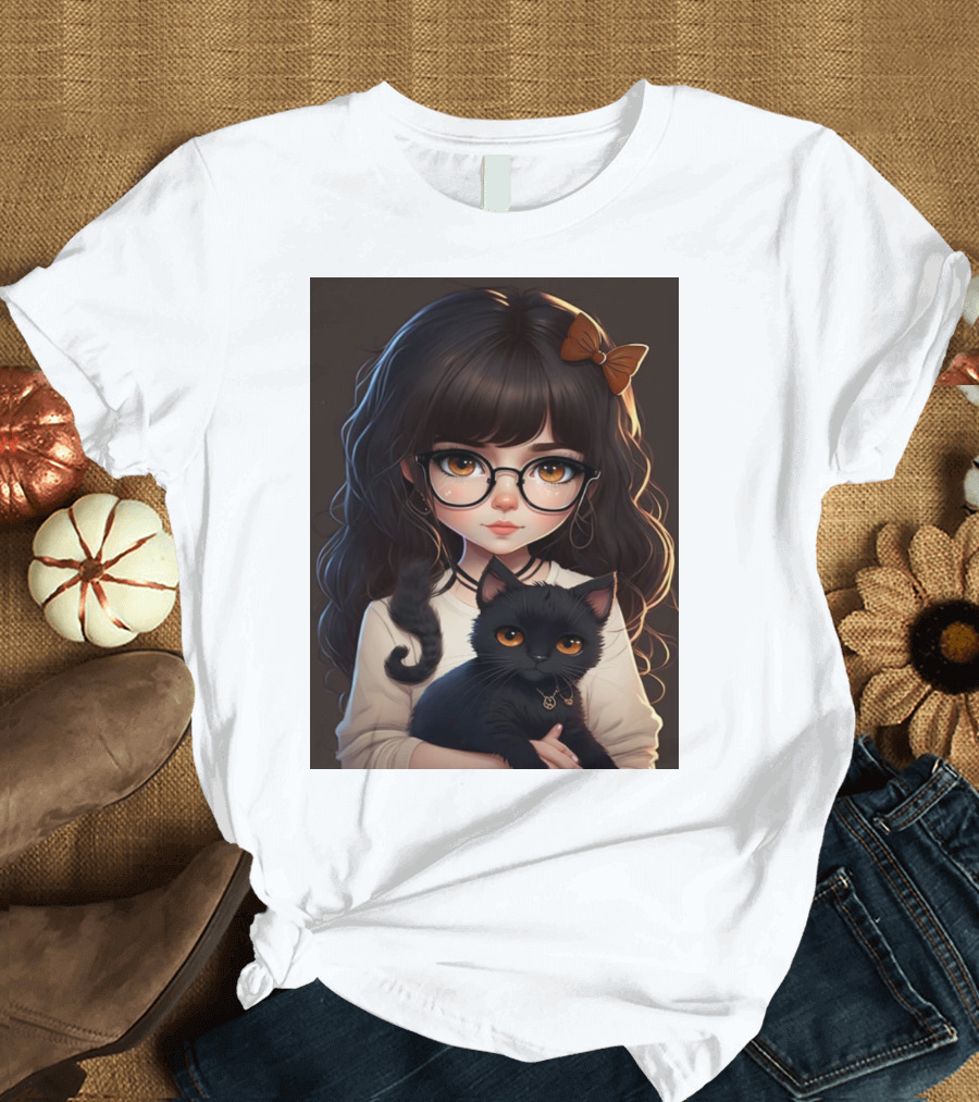 Girl with Her Black Cat Bow Glasses T-Shirt