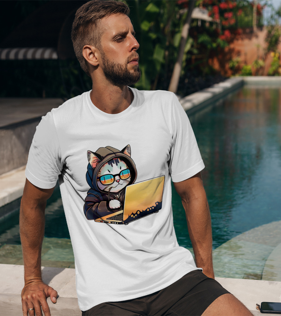 Hacker Cat In Hoodie With Laptop And Glasses T-Shirt