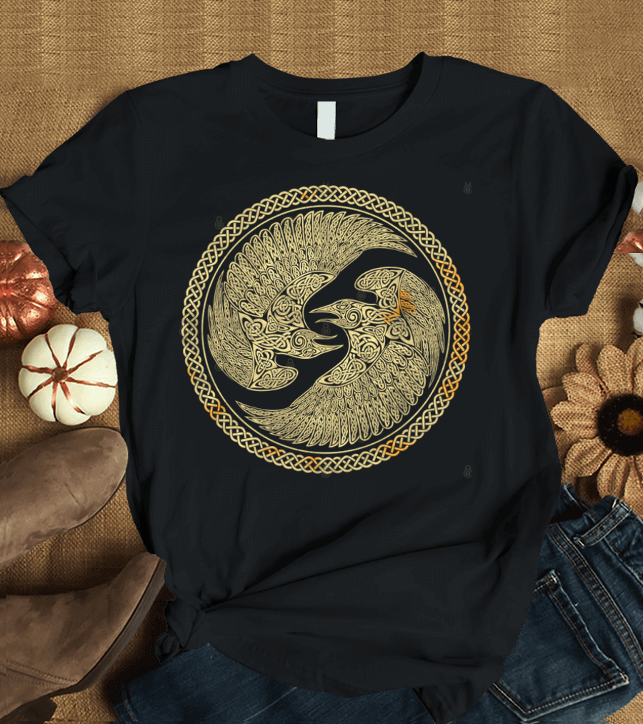 Hugin and Munin Celtic Knotwork Ravens in Intricate Circular T-Shirt