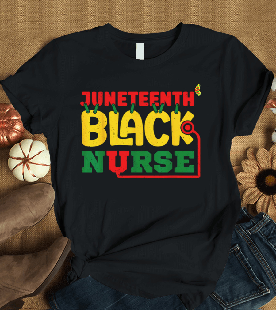 Juneteenth Black Nurse Red Yellow Green Butterfly Stethoscope T-Shirt