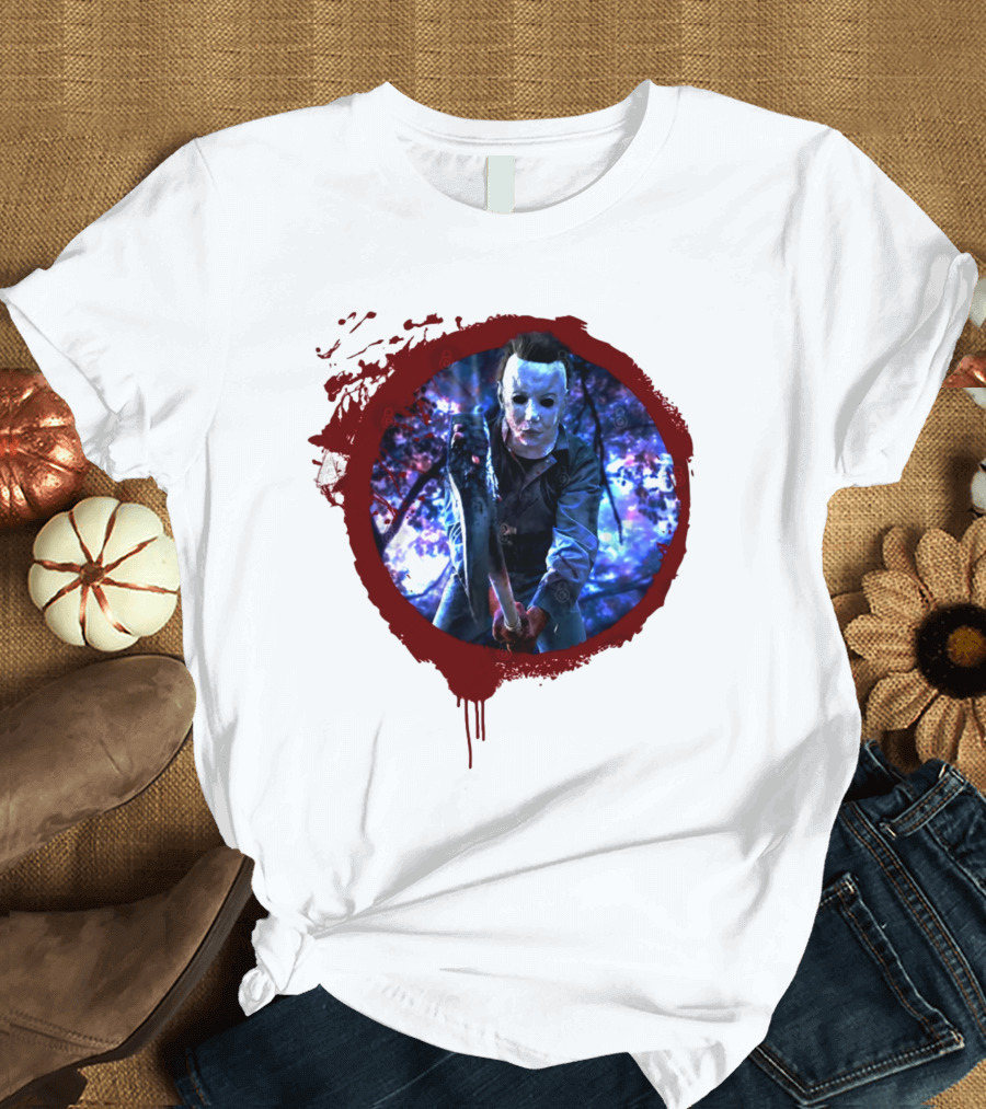 Myers Attack Blood Splatter Horror Mask Iconic Blue Woods Scene T-Shirt