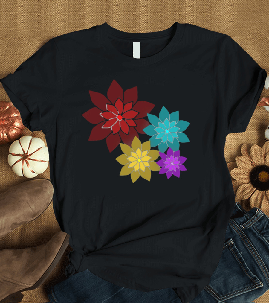 Pattern of Flowers in Red, Blue, Yellow, Purple T-Shirt
