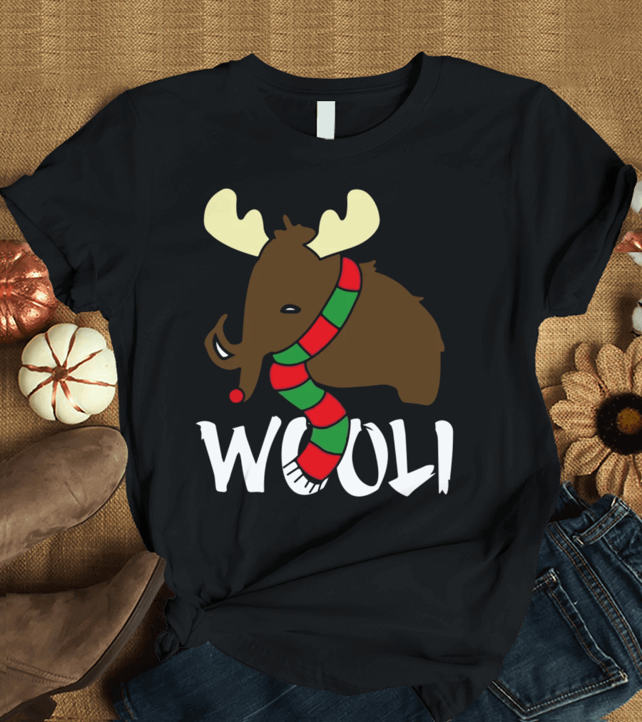 Wooli Mammoth Wearing Red and Green Scarf with Antlers T-Shirt
