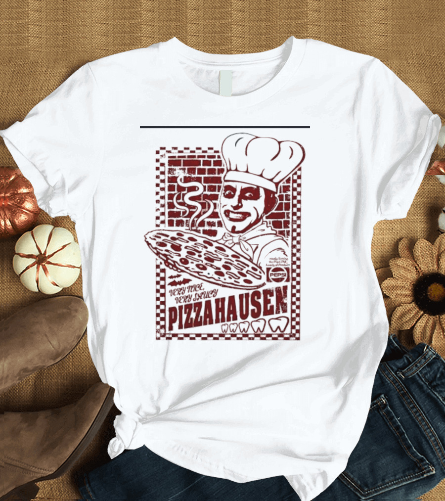 Very Nice Very Saucy Pizza Hausen Chef with Steaming Pie and Brick Background T-Shirt
