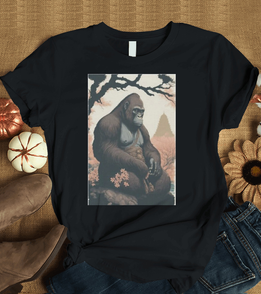 Meditating Gorilla in Tranquil Zen Garden with Pagoda Background T-Shirt