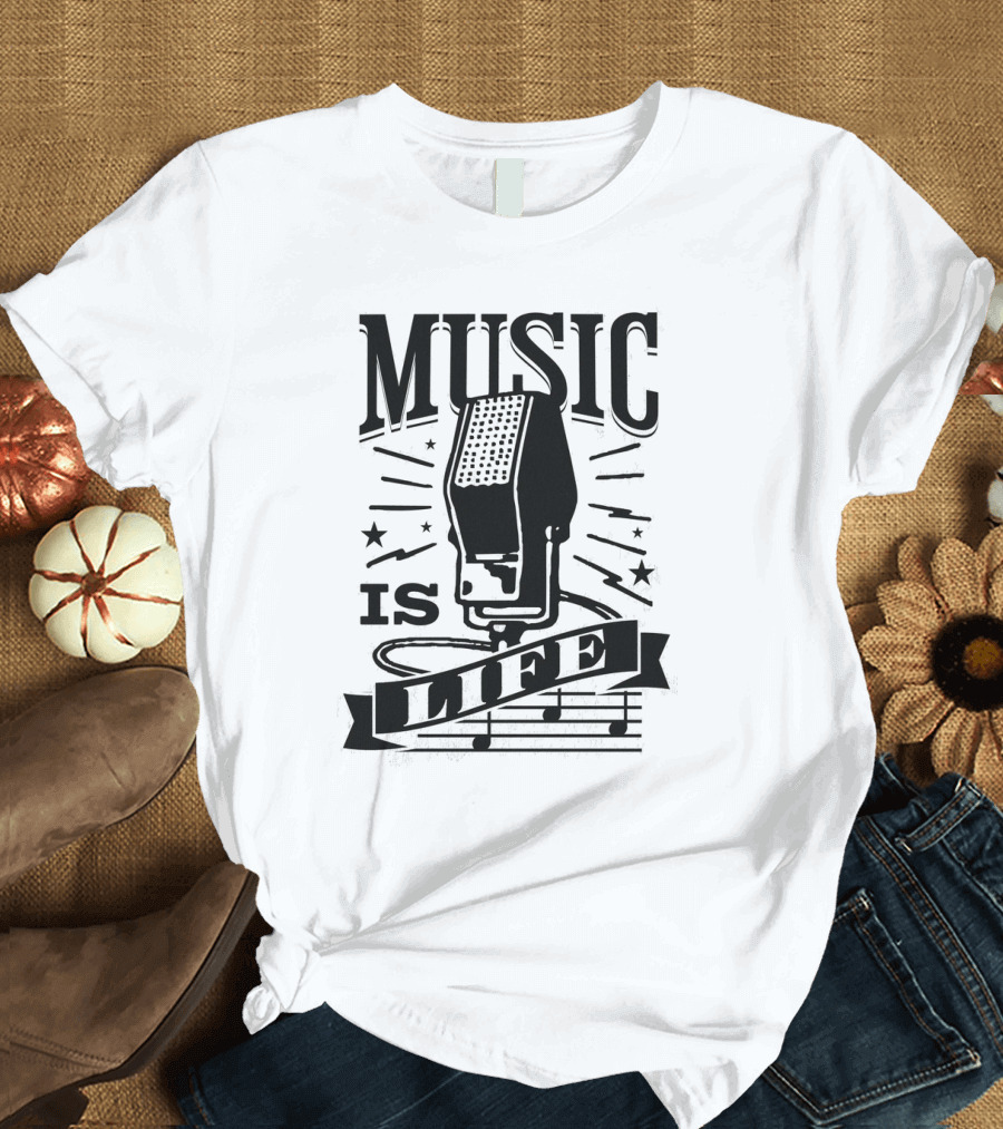 Music Is Life Retro Microphone Notes Stars T-Shirt