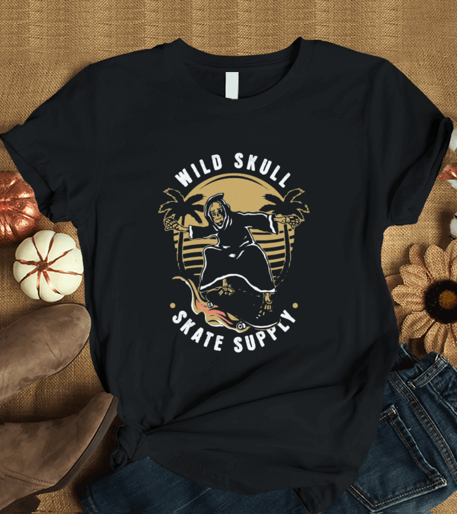 Wild Skull Skate Supply Grim Reaper Skateboarding Palm Trees Retro T-Shirt
