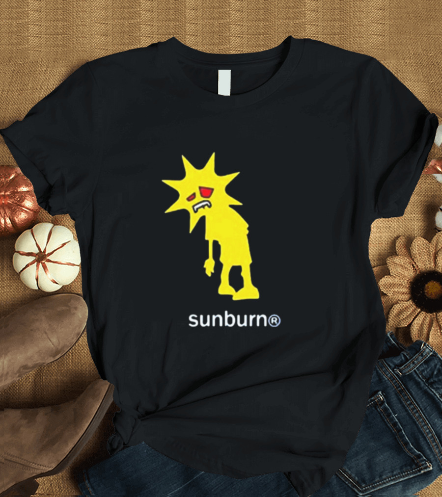 Sunburn Tired Cartoon Sun with Red Eyes and Trademark T-Shirt