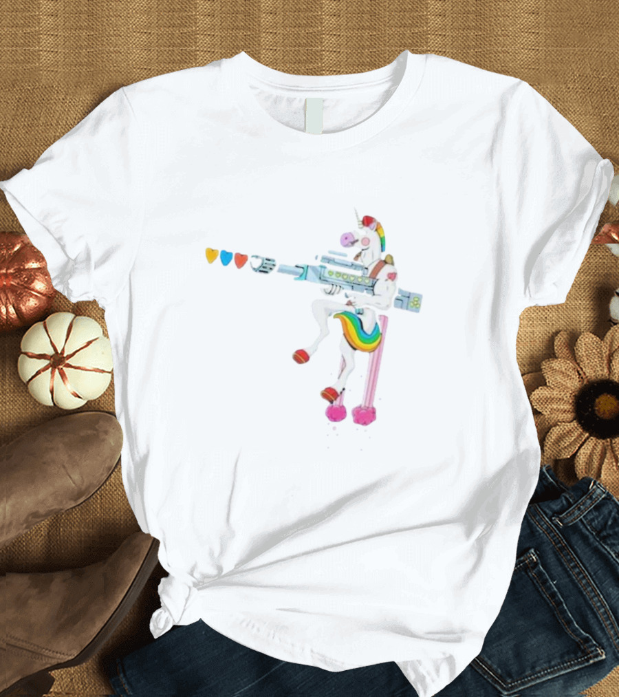 Punl-rock Rainbow Unicorn Armed with Colorful Hearts T-Shirt