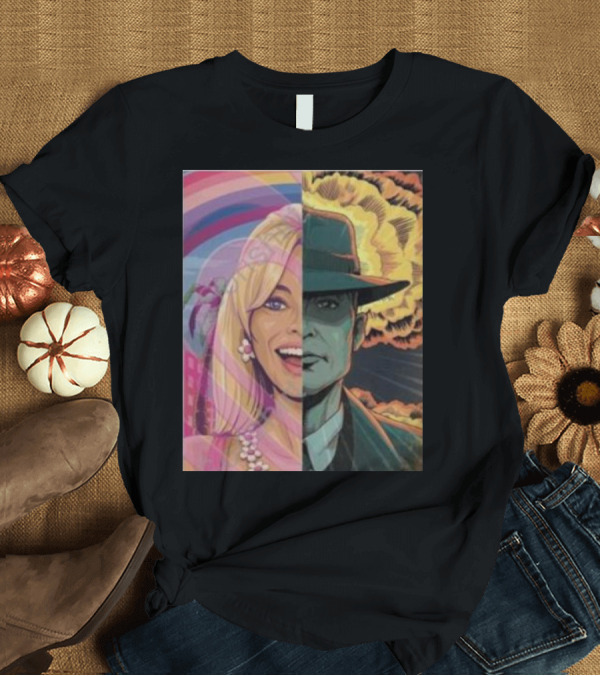 T-Shirt: Discussingfilm Barbie Vs Oppenheimer Jonattfieldart Rainbow Explosion Duality T-Shirt Discussingfilm Barbie Vs Oppenheimer Jonattfieldart Rainbow Explosion Duality T-Shirt