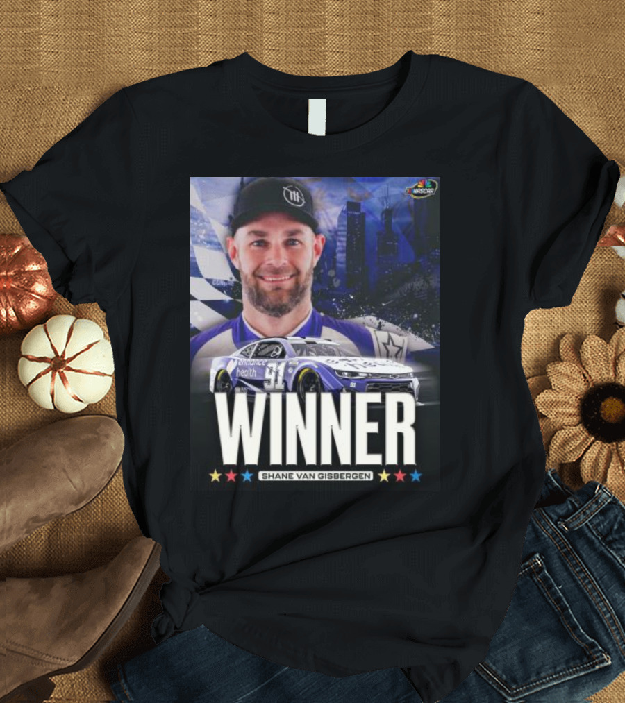 NASCAR Winner Shane Van Gisbergen with Race Car and Cityscape Background T-Shirt
