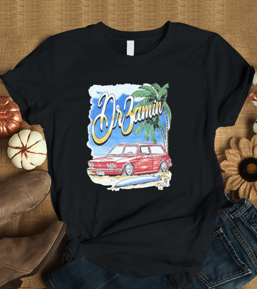DrZamin Red Car Tropical Beach Scene with Palm Trees Surfboard T-Shirt