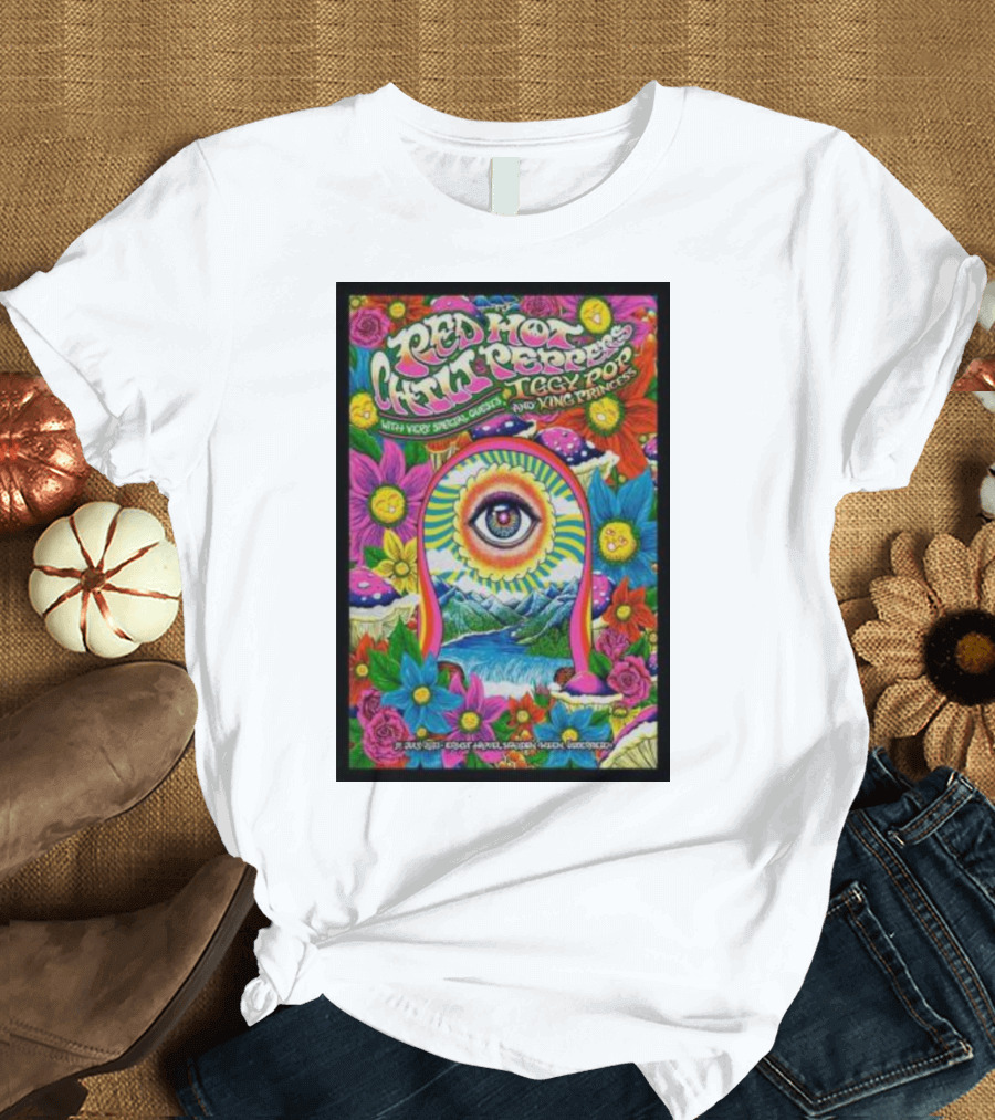 Red Hot Chili Peppers July 14 Vienna Poster Eye Surrounded by Psychedelic Flowers and Mountains T-Shirt