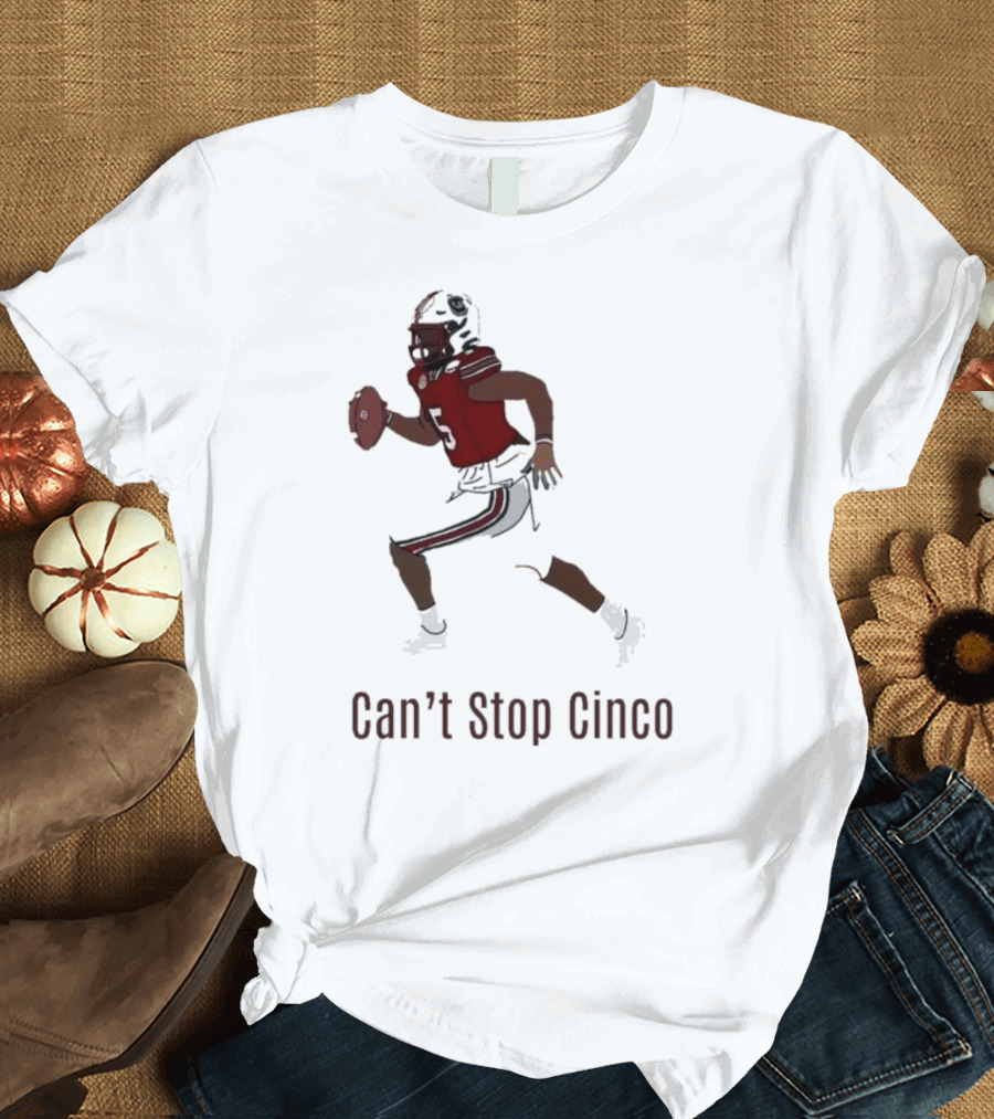 Can't Stop Cinco Football Player in Red and Black Uniform T-Shirt