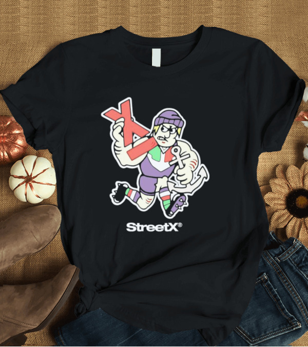 T-Shirt: Fremantle Dockers Mens Street X AFL 90s Mascot Character with Anchor and Red X T-Shirt Fremantle Dockers Mens Street X AFL 90s Mascot Character with Anchor and Red X T-Shirt