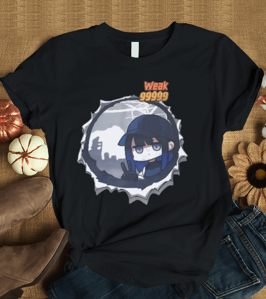 Weak 99999 Manga Anime Peace Sign Character in Dark Urban Scene T-Shirt