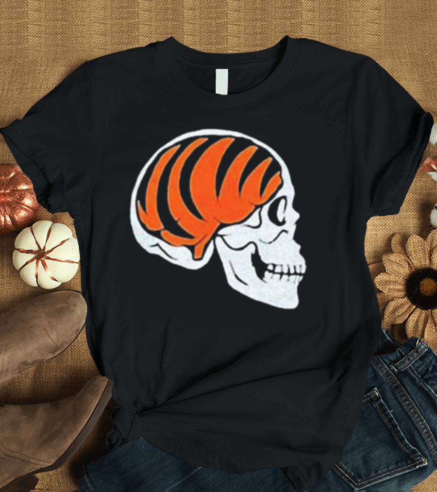 Goodberry Bengals Brain Skull with Orange Tiger Stripes T-Shirt