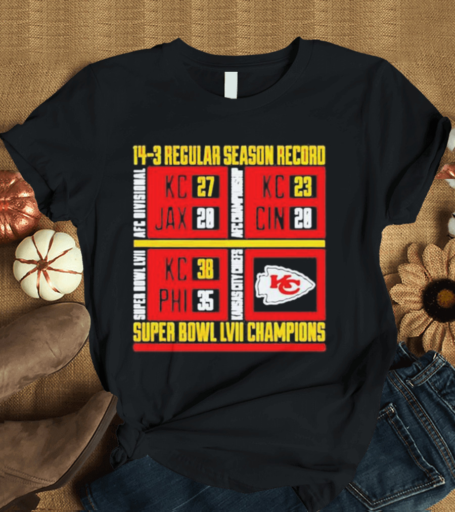 Kansas City Chiefs 14-3 Regular Season Record AFC Divisional AFC Championship Super Bowl LVII Champions T-Shirt