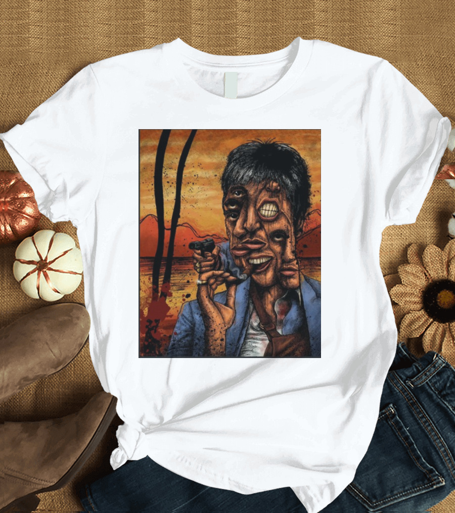 Kightek Scarface Abstract Multieyed Character with Gun and Sunset Background T-Shirt