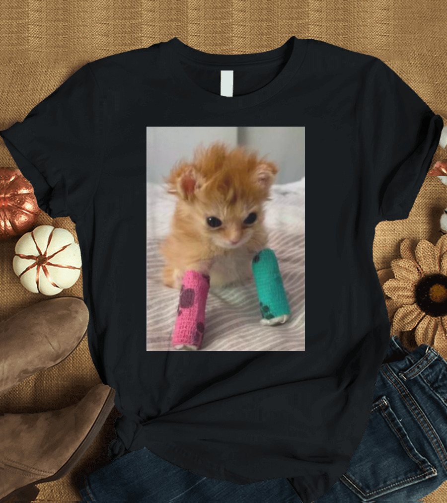 Tater Tot Cat Orange Kitten with Colorful Leg Casts T-Shirt