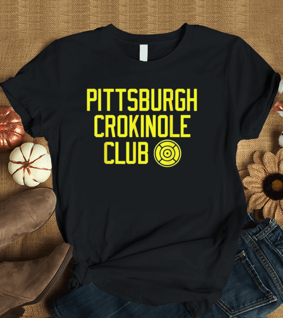 Pittsburgh Crokinole Club Yellow Text with Crokinole Disc T-Shirt