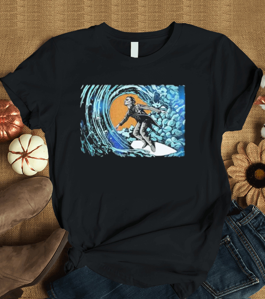 Maedenart Ghost Evil Surfer Riding Wave with Blue Turbulence T-Shirt