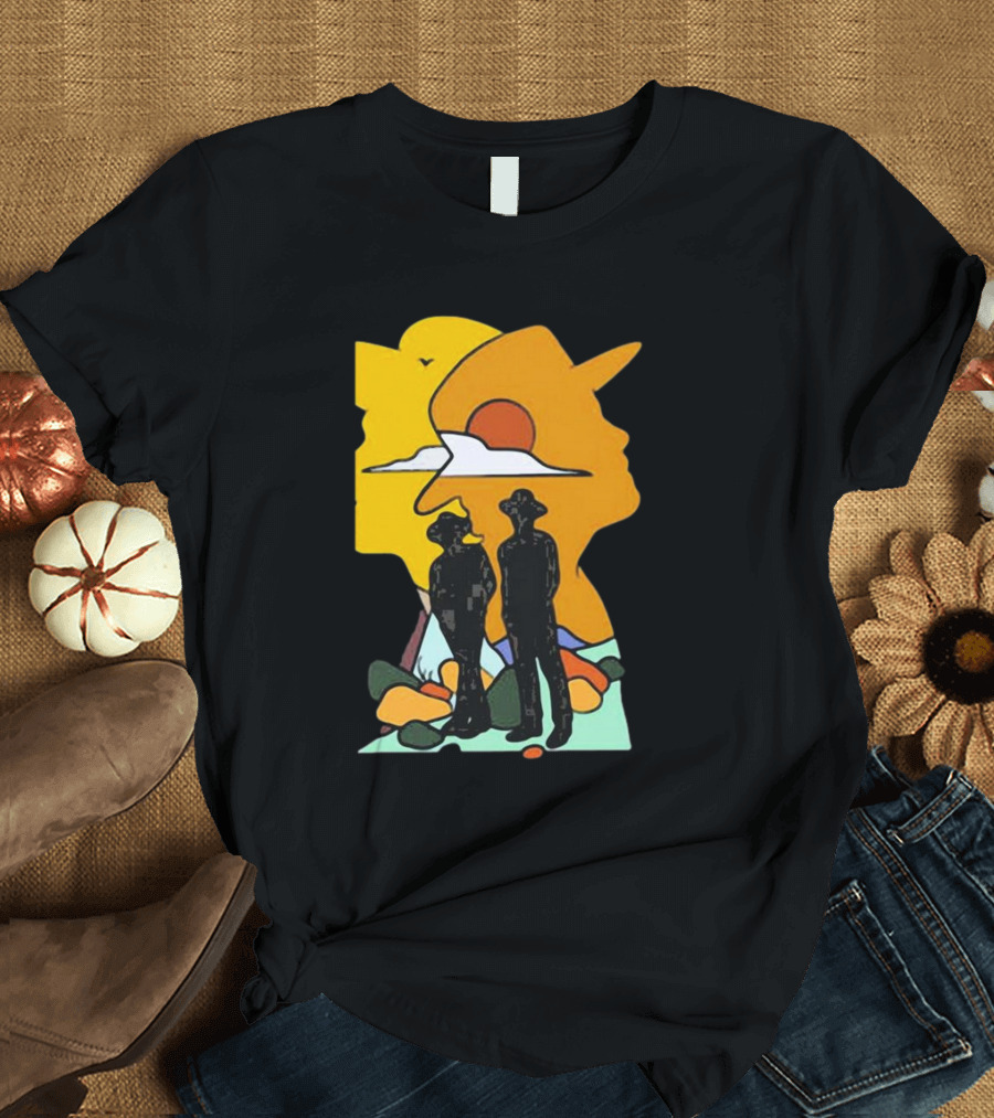 Custom Radio Company Cowboy Silhouettes Against Sunset and Mountains T-Shirt