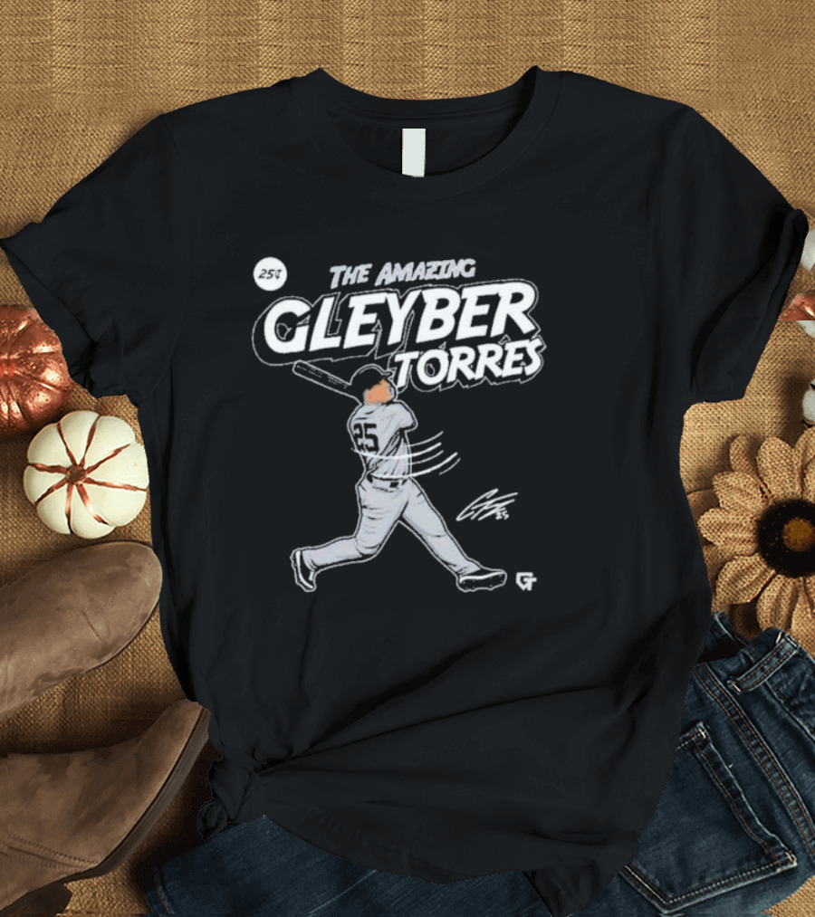 The Amazing Gleyber Torres Comic Book Style with Signature and Baseball Action T-Shirt