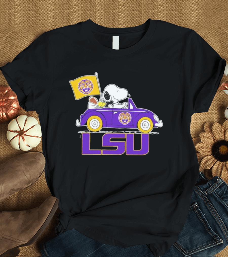 Snoopy and Woodstock Driving Purple LSU Car with Flag T-Shirt