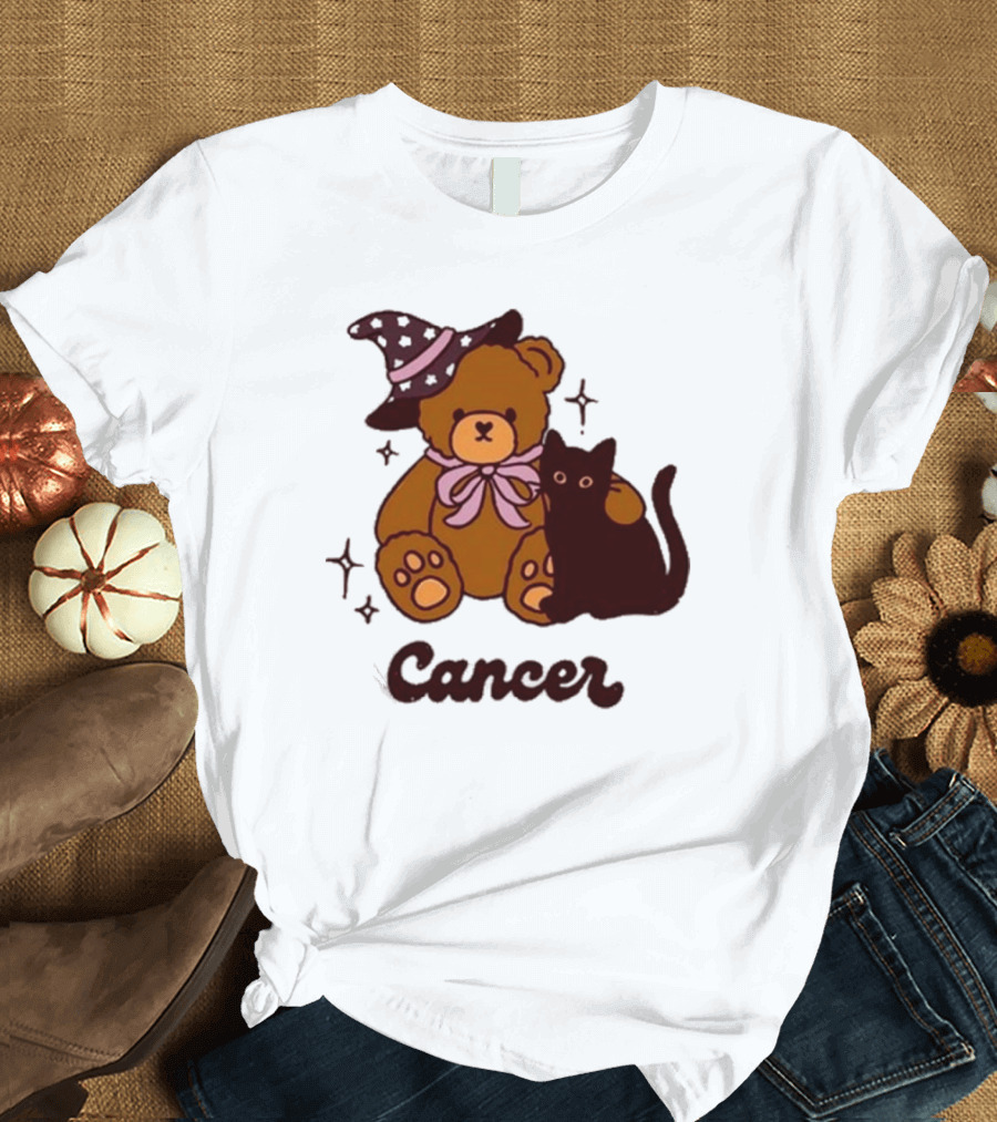 Cancer Teddy Bear with Witch Hat and Black Cat T-Shirt