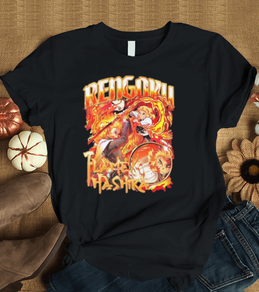 Rengoku Kyojuro Flame Hashira with Fiery Sword and Flames T-Shirt