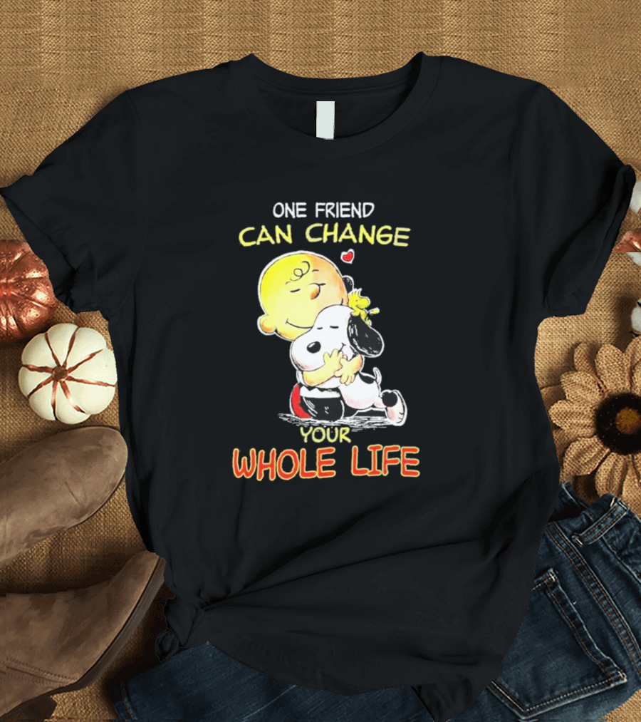 Snoopy and Friends One Friend Can Change Your Whole Life Hugging Image T-Shirt