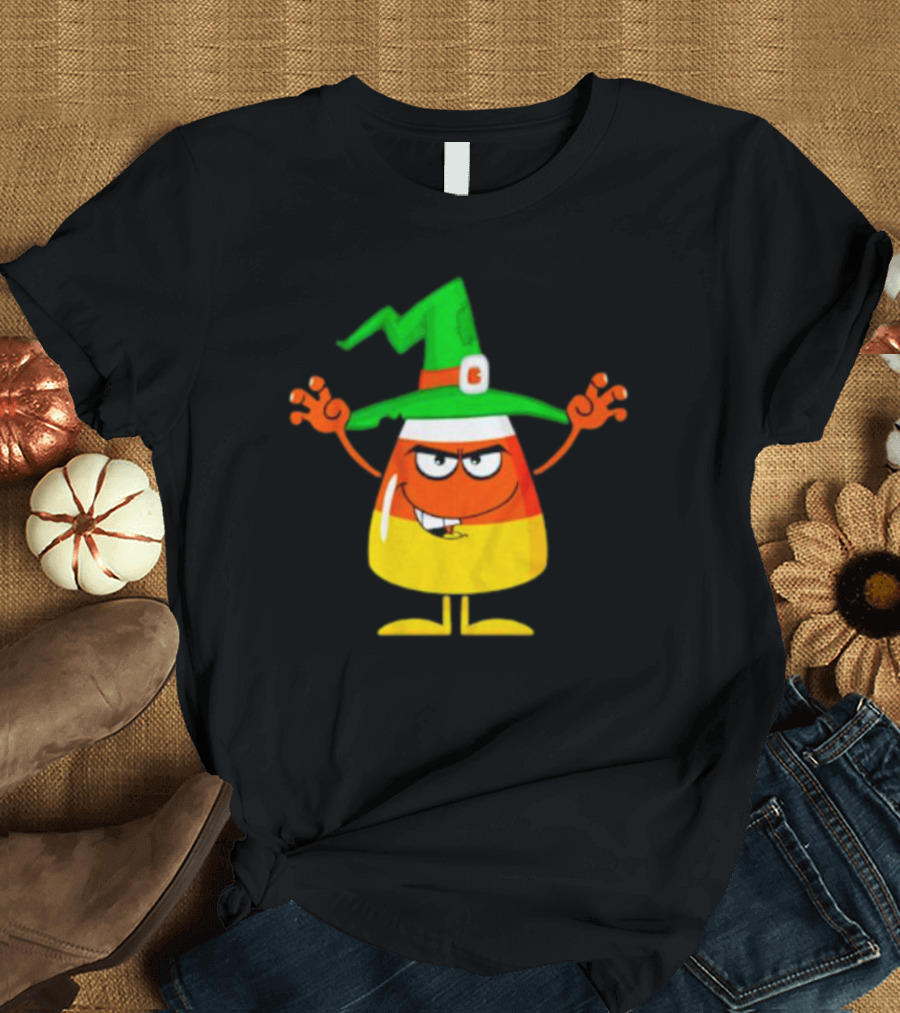 Candy Corn Witch Halloween Character with Green Hat T-Shirt