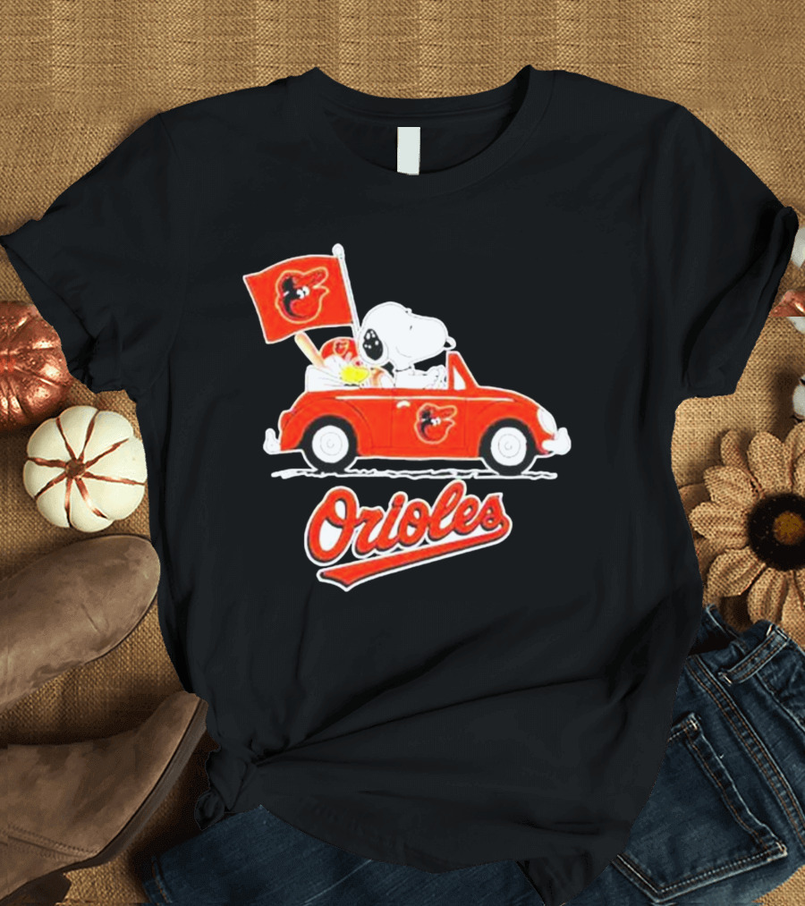Snoopy Driving Red Car with Baltimore Orioles Flag and Orioles Text T-Shirt
