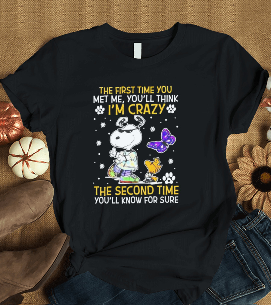Snoopy and Woodstock The First Time You Met Me You'll Think I'm Crazy The Second Time You'll Know For Sure T-Shirt