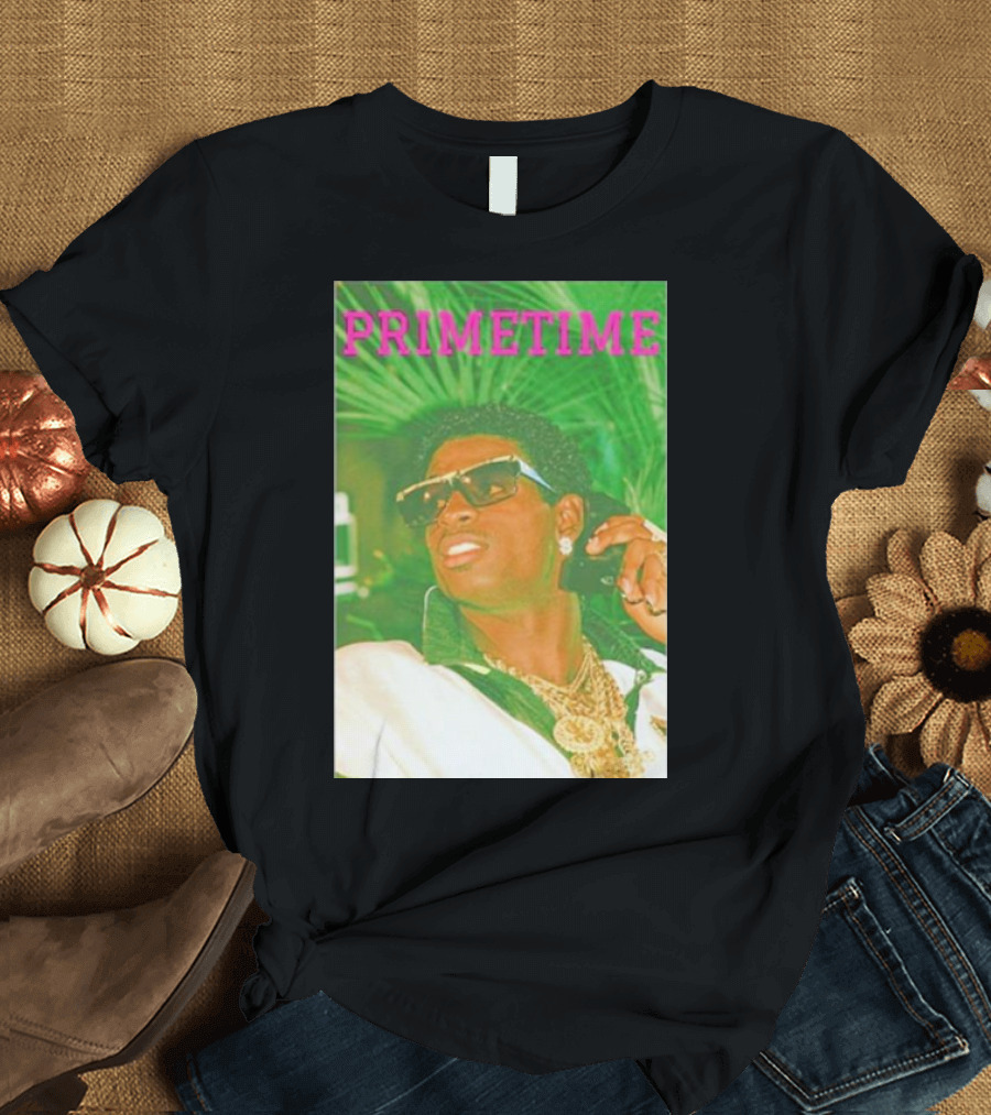 PRIMETIME Deion Sanders Sunglasses Gold Chains Retro Vibe T-Shirt