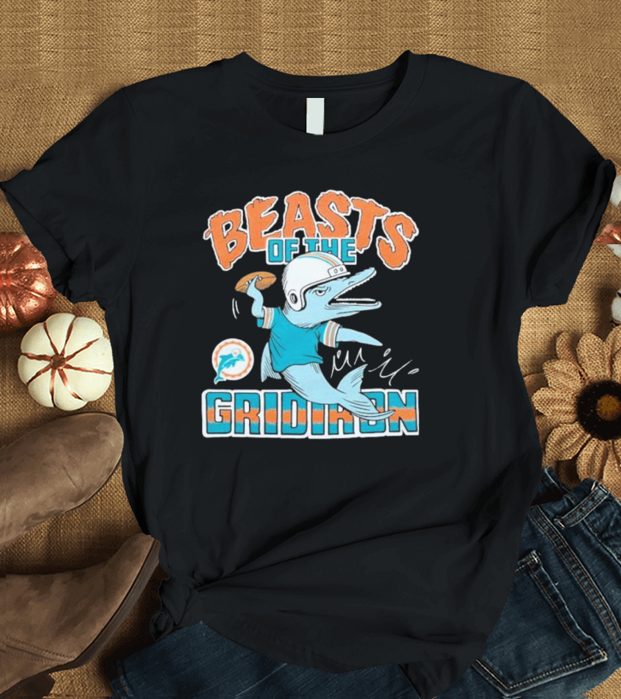 Beasts of the Gridiron Miami Dolphins Football Throwing Dolphin T-Shirt