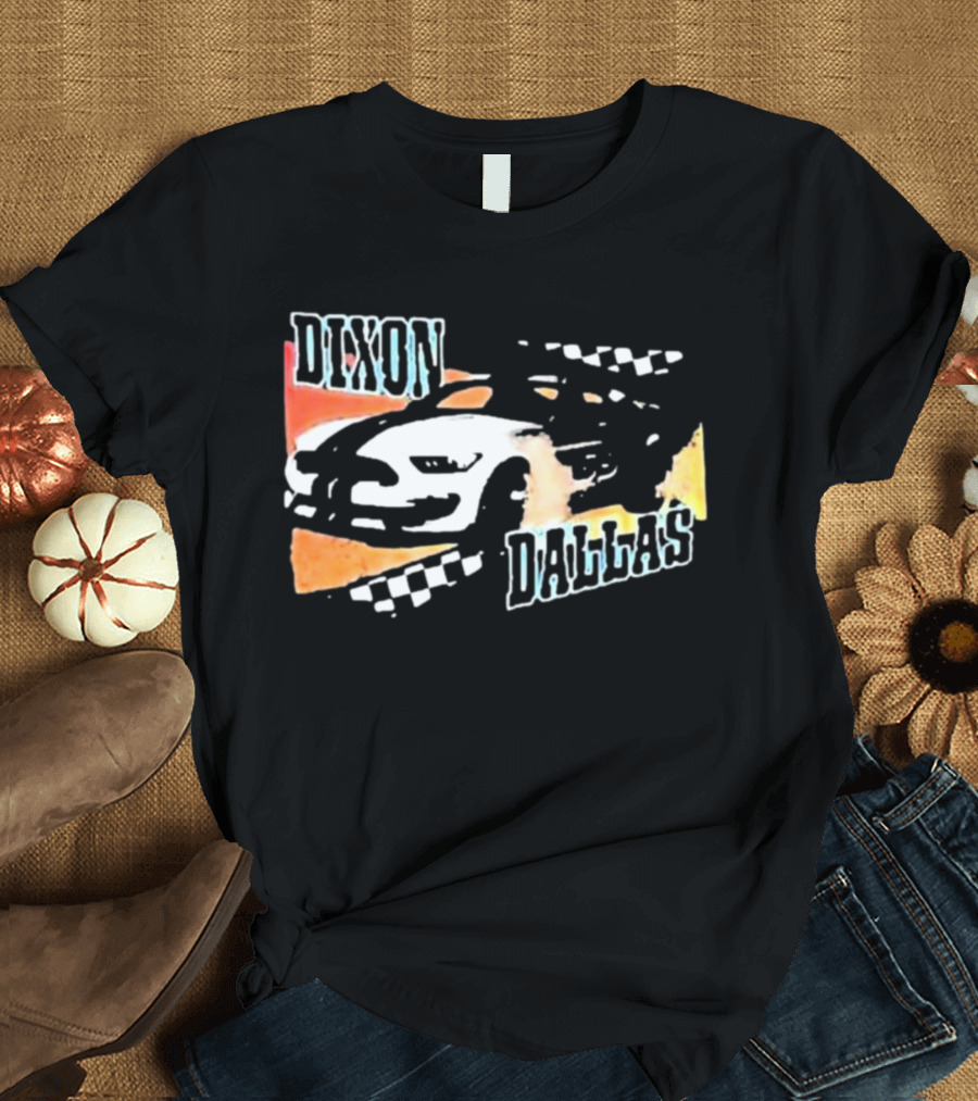 Dixon Dallas Mustang Racing Car with Checkered Flags T-Shirt