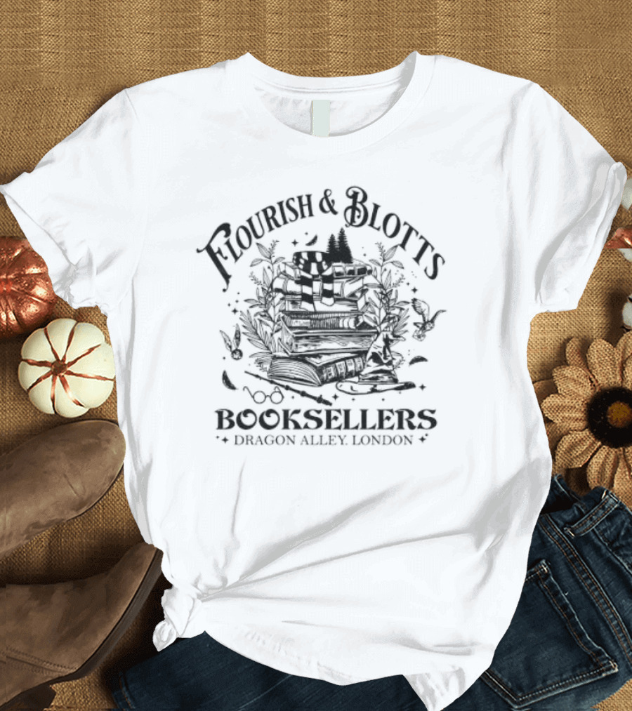 Flourish and Blotts Booksellers Dragon Alley London Wizard Books and Magical Creatures T-Shirt