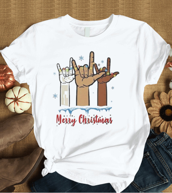 T-Shirt: Merry Christmas Hand Sign Language Celebration with Lights and Snowflakes T-Shirt Merry Christmas Hand Sign Language Celebration with Lights and Snowflakes T-Shirt