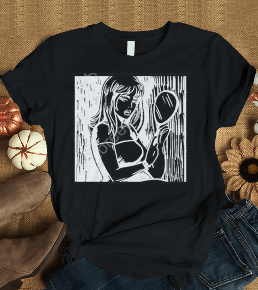 Billie Eilish Store Mirror Art Black and White Line Drawing Woman with Handheld Mirror T-Shirt