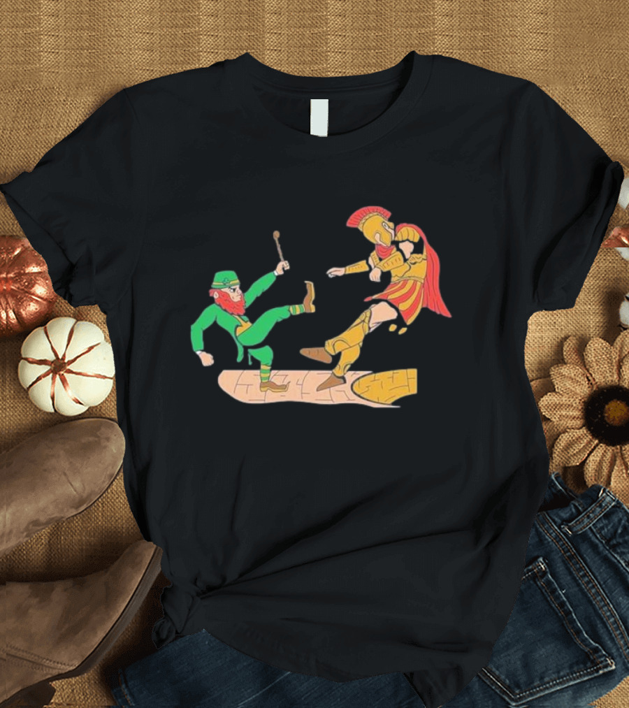 Notre Dame Leprechaun vs. Trojan Warrior Kick Battle T-Shirt