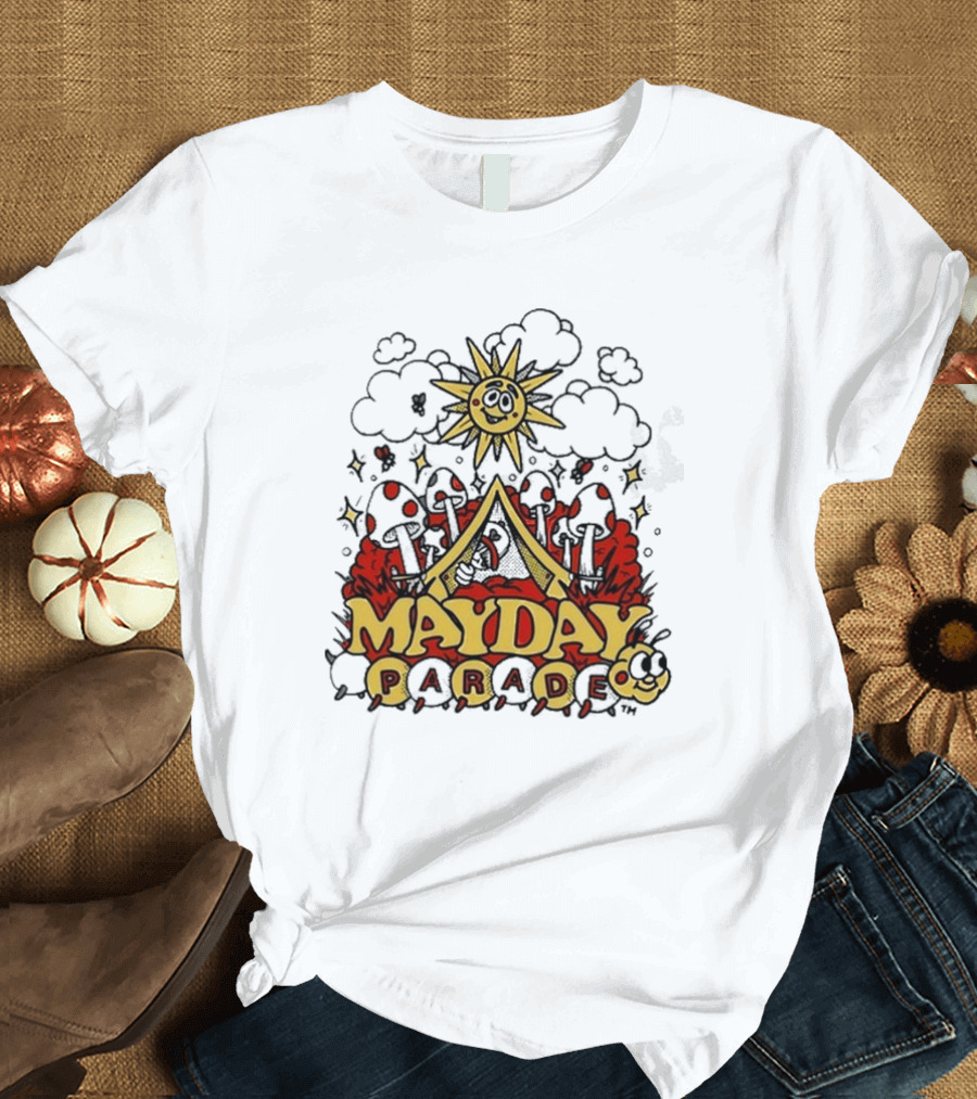 Mayday Parade Whimsical Sun and Mushrooms Caterpillar T-Shirt