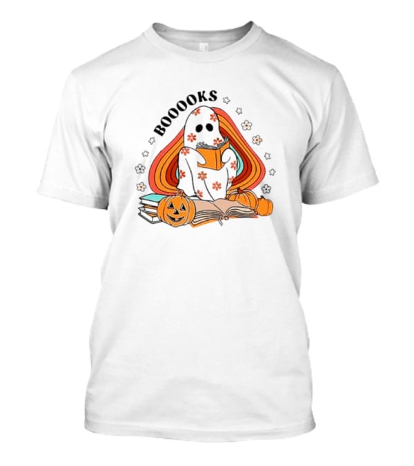 BOOOOKS Ghost Reading With Pumpkins And Flowers T-Shirt